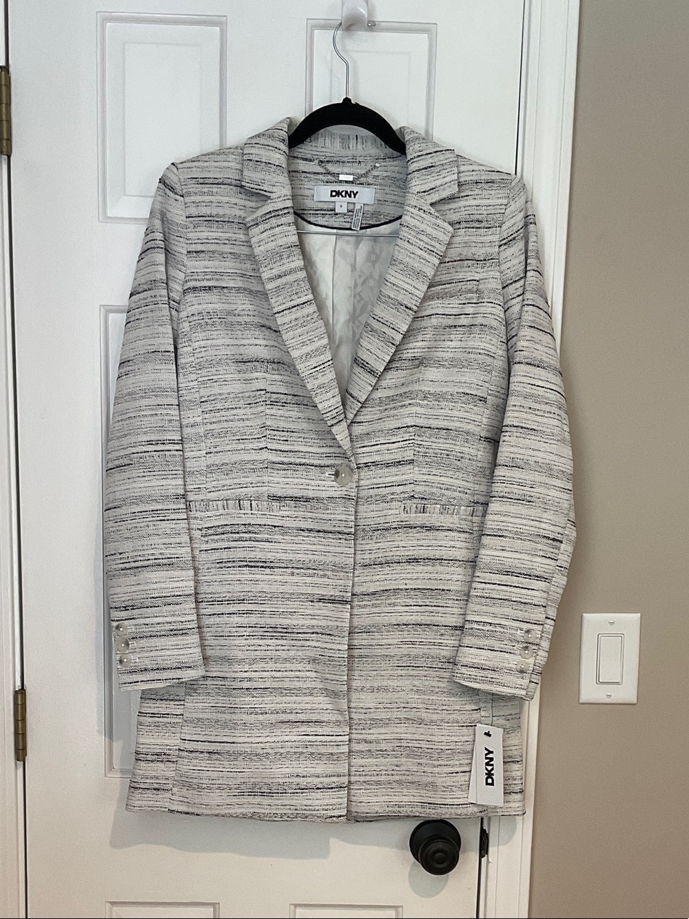 DKNY Cream and Gray Striped Single-Button Blazer